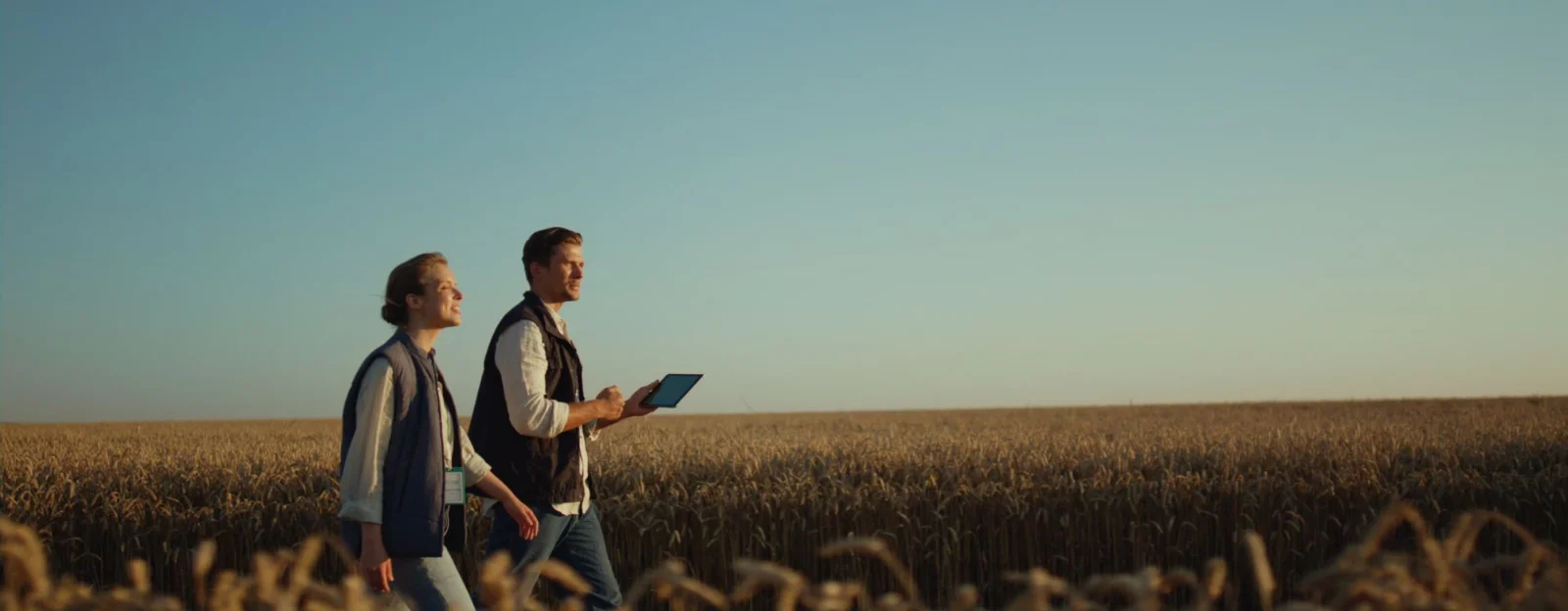 A farmer and a agribusiness employee walking through a wheat field
