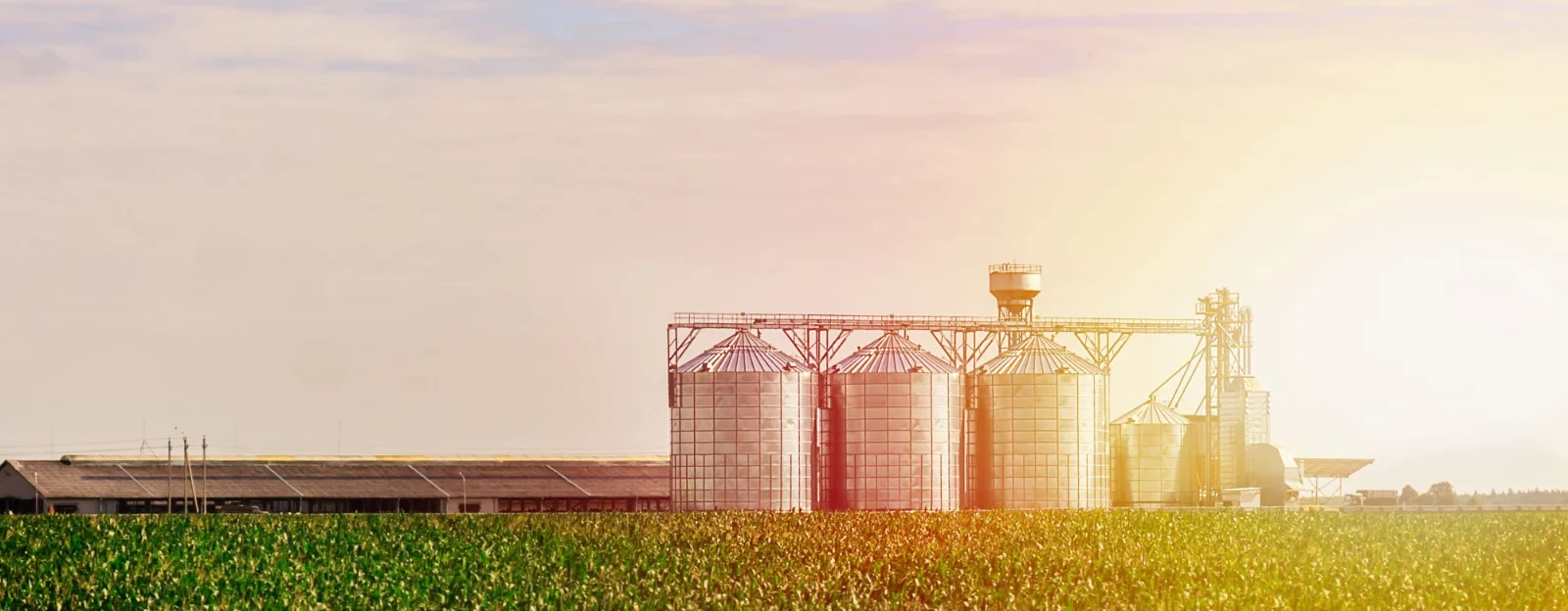 Elevator outside of a field as the sun sets. 